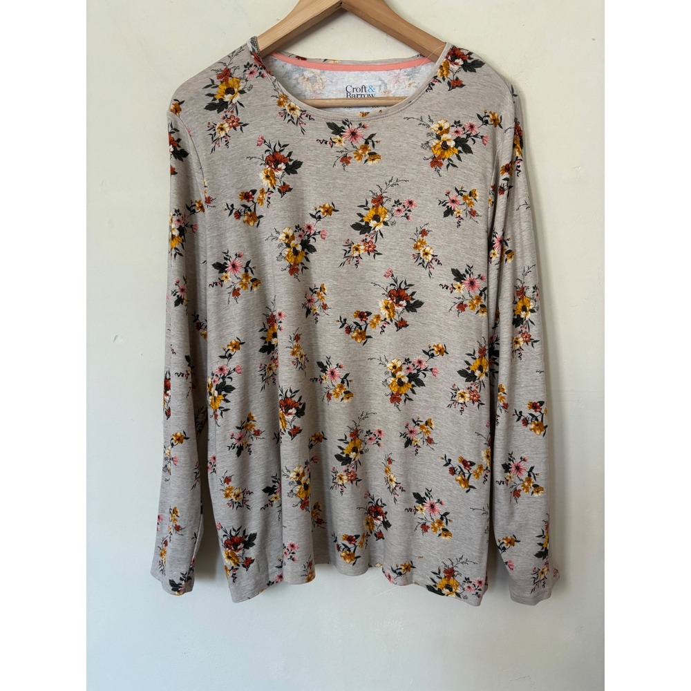 Croft & Barrow Womens Floral Long Sleeve Classic Tee Gray Orange 1X Cotton
